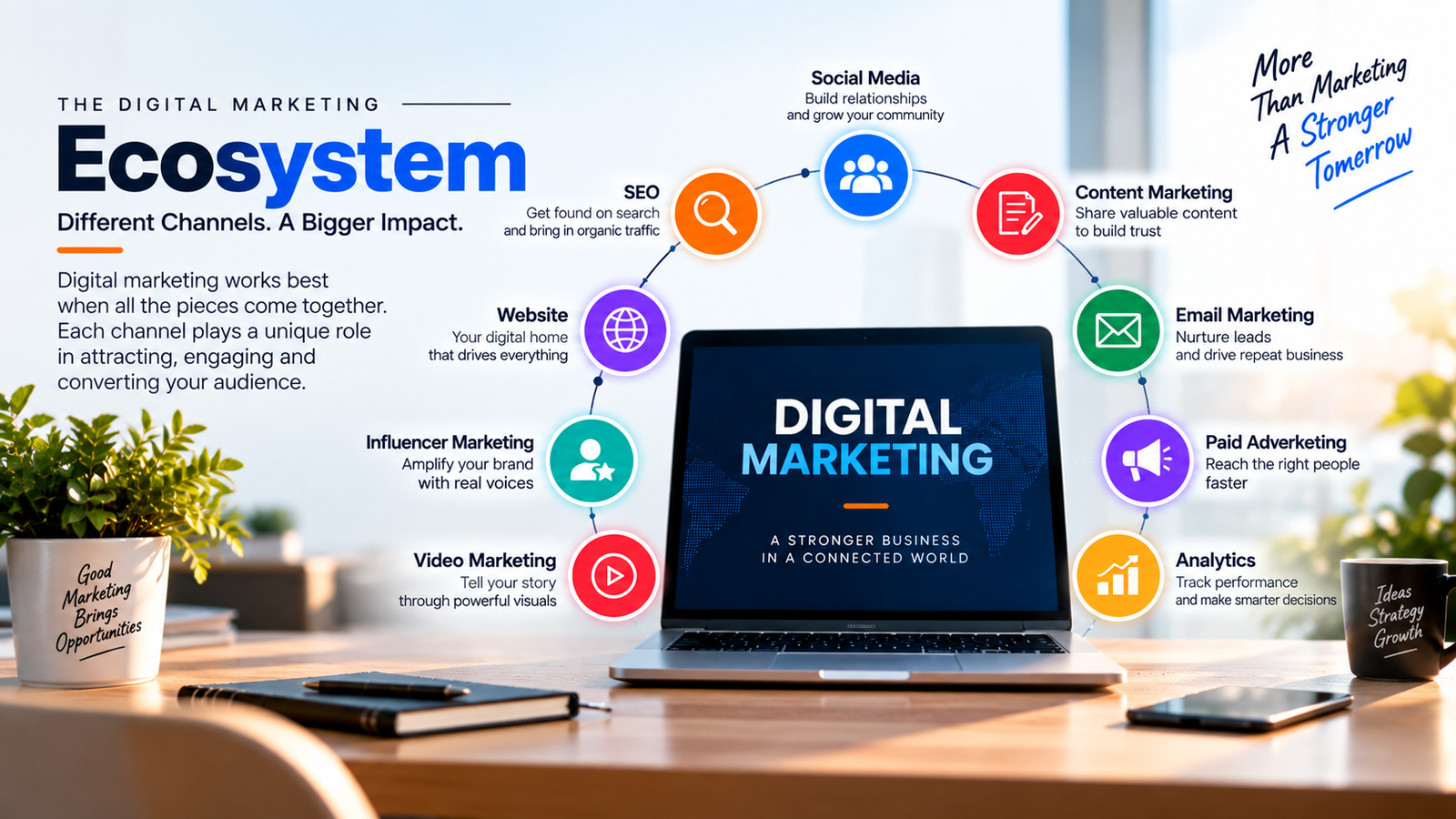 Digital marketing ecosystem showing websites, SEO, PPC, social media, content, email, video, influencer marketing, mobile marketing and analytics.
