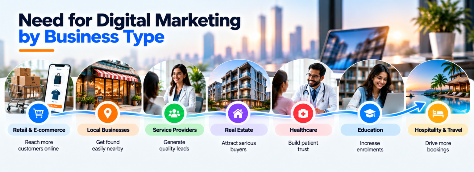 Digital marketing needs across retail, local businesses, service providers, real estate, healthcare, education, and hospitality businesses.