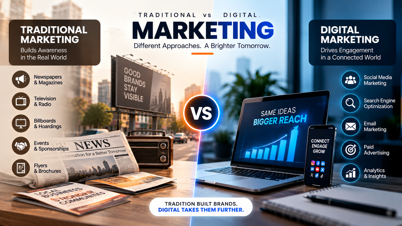 Comparison of traditional and digital marketing channels, including offline media, search, social media, email, paid advertising and analytics.