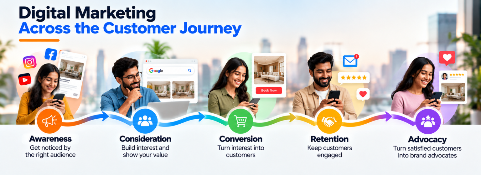 Digital marketing across the customer journey from awareness and consideration to conversion, retention, and advocacy.