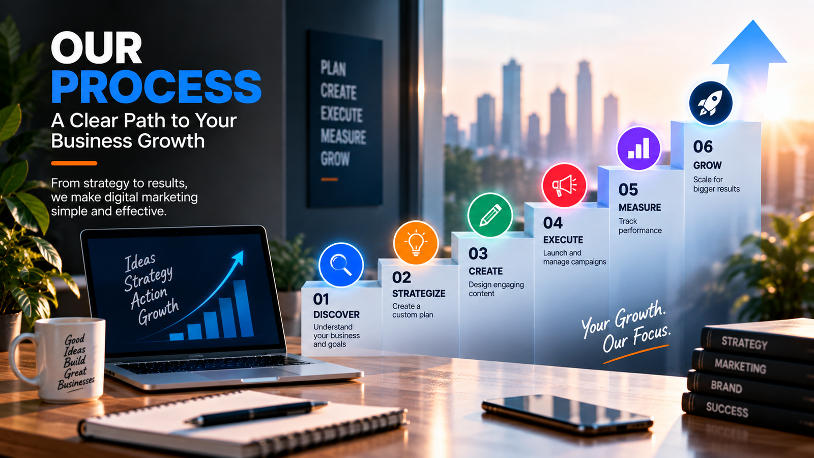 Digital marketing customer journey showing awareness, consideration, conversion, retention and advocacy.