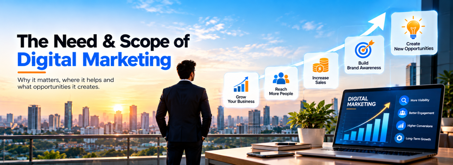 Need and scope of digital marketing showing business need, digital channels, customer journey, business growth and emerging opportunities.