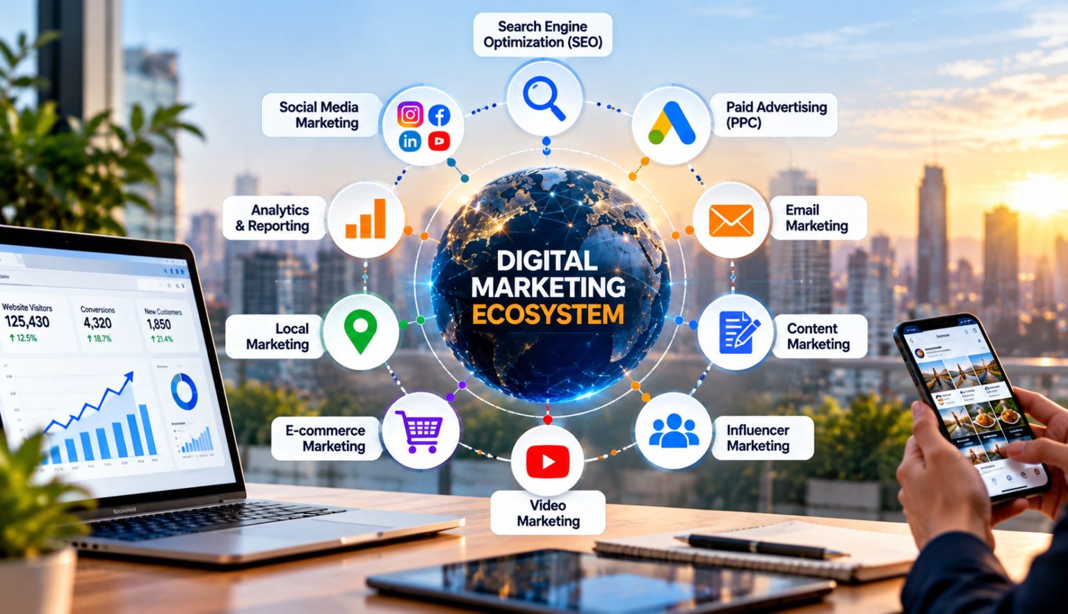 Digital marketing scope showing SEO, PPC, social media, email, content, analytics, websites, mobile, influencer marketing and other digital channels.